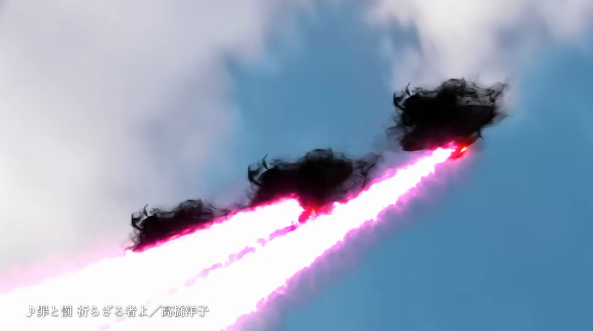 庵野氏が願った爆炎の中を進むロボ。3機編隊の敵メカと、1980年代の東映特撮テイストがみなぎる