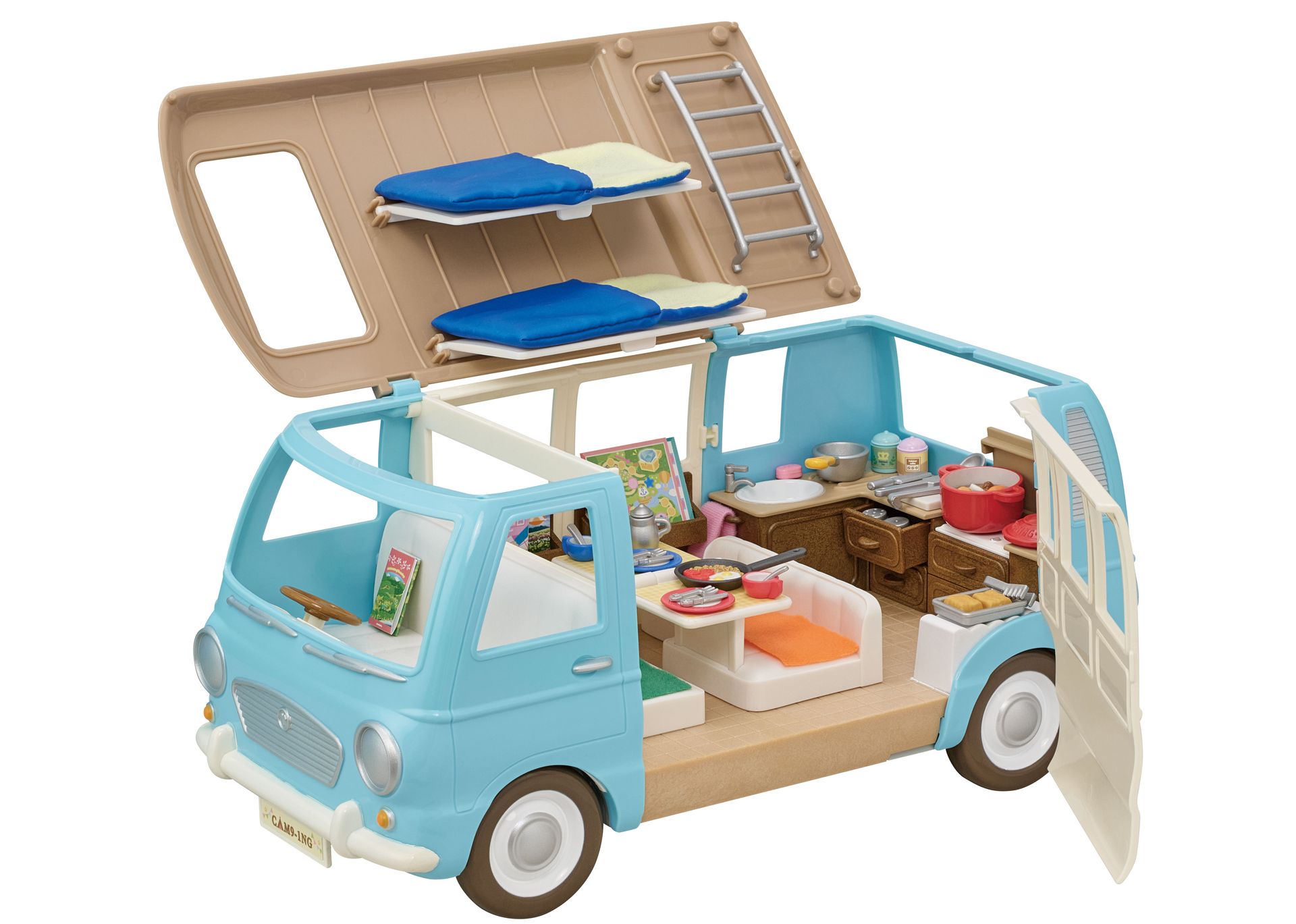 ツートンカラーが可愛いキャンパーバンとカラフルな小物で、キャンプ遊びが楽しめるセット。ドアと屋根が大きく開く