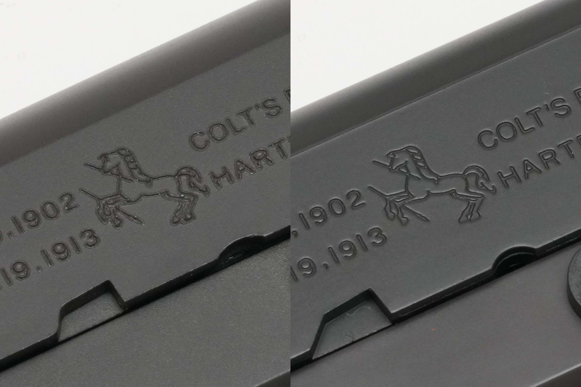 左がガスブローバック、右がエアーハンドガンの刻印。拡大すると、打刻と成形で仕上がりがまったく異なるのがわかる