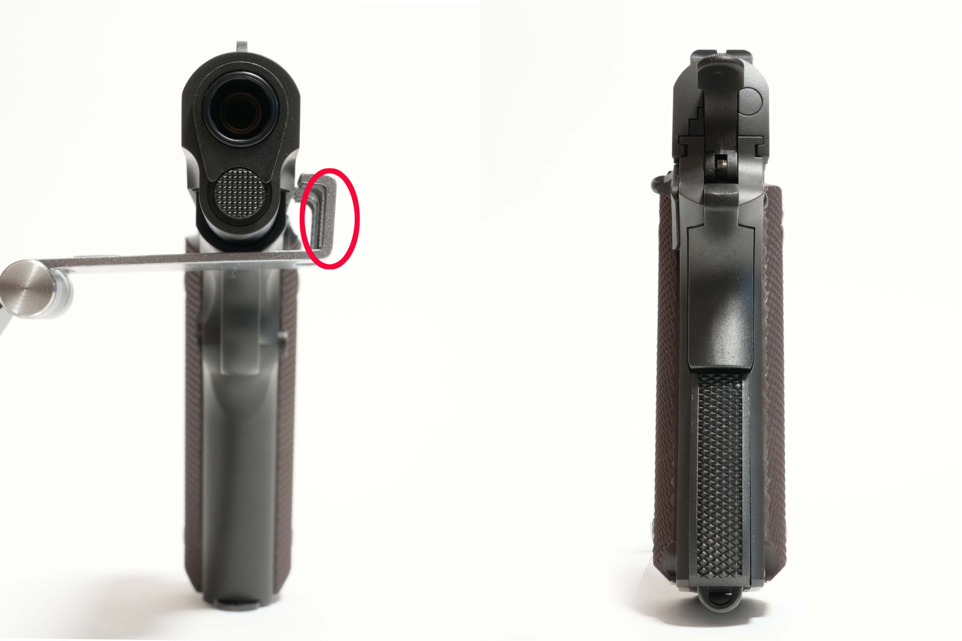 グリップ上部にはグリップセーフティを装備。写真の左側は撮影のために支えを使っている
