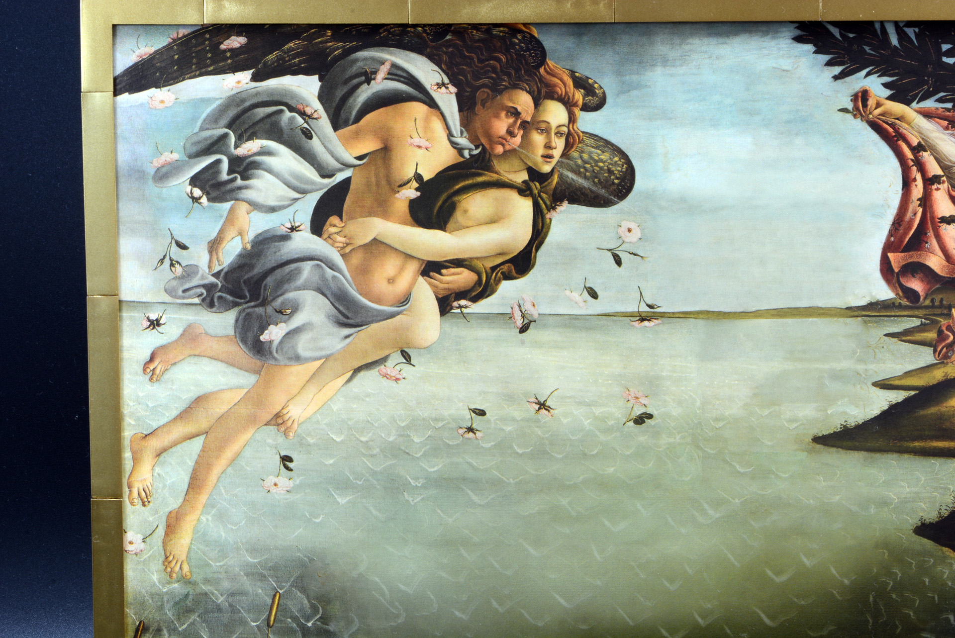 西風の神ゼピュロスと妻のニンフ(妖精)は、風を吹きヴィーナスを岸に寄せる