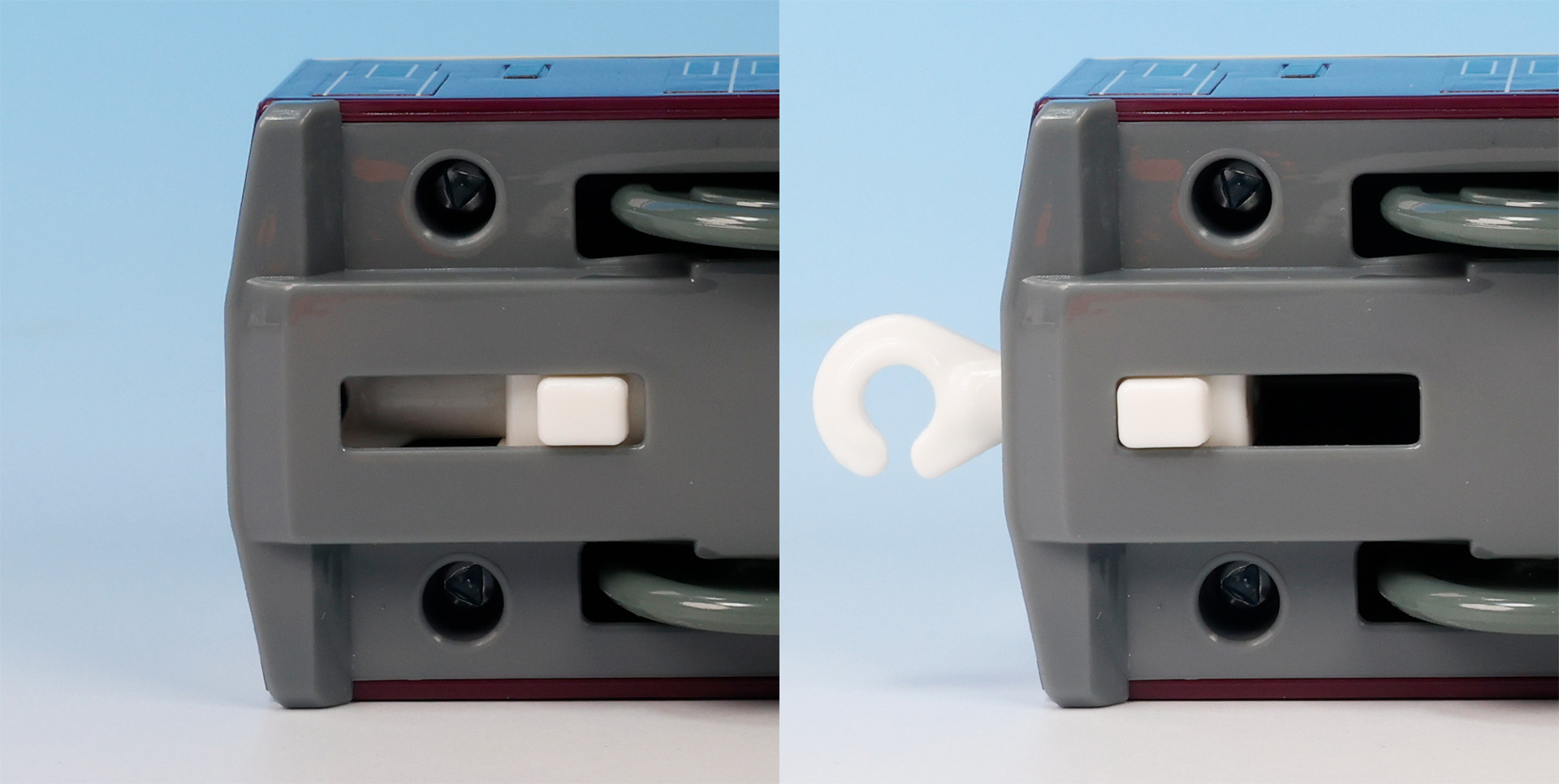 車両の底面側には、連結器を出し入れするためのスイッチが付けられている