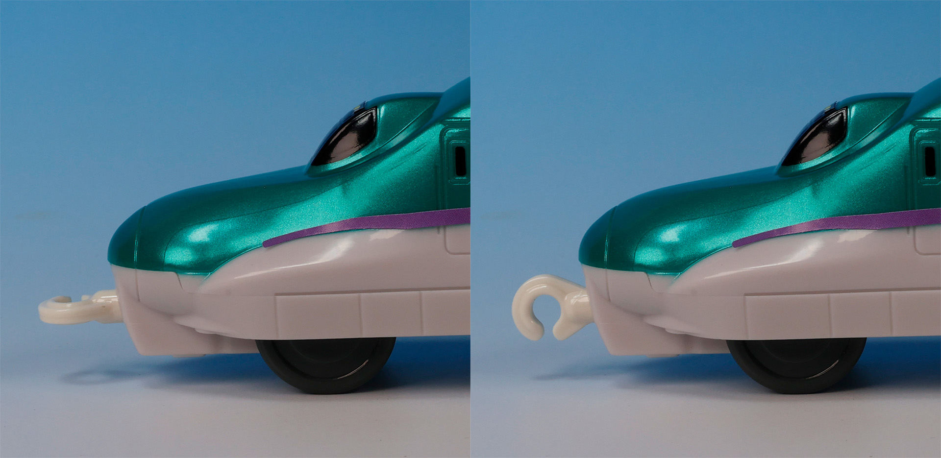 連結器部分を伸ばしたあと、回転させて他の車両と繋げることができる