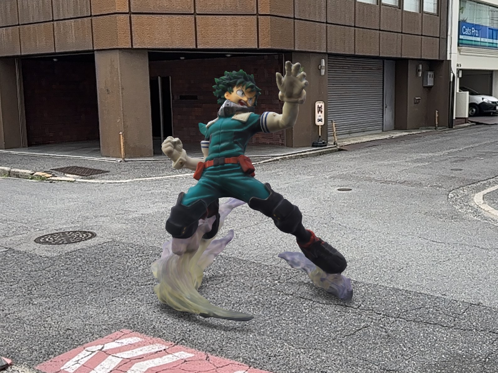 ヴィランと戦うデク。筆者がヒーローを撮る野次馬みたいになってしまう（フリーイング 1/4スケール「緑谷出久」）