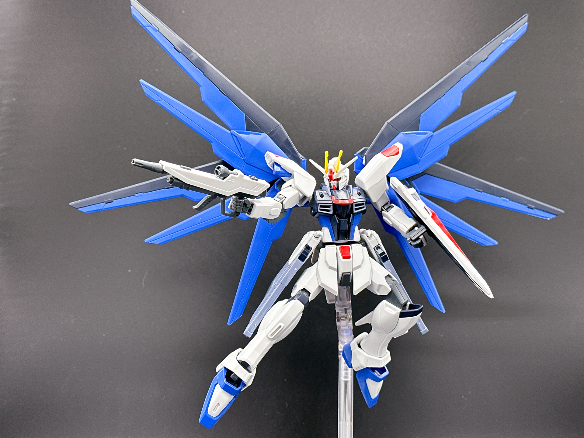 仮組を行なったフリーダムガンダム。可動域、色分けともに旧HGから進化しています。