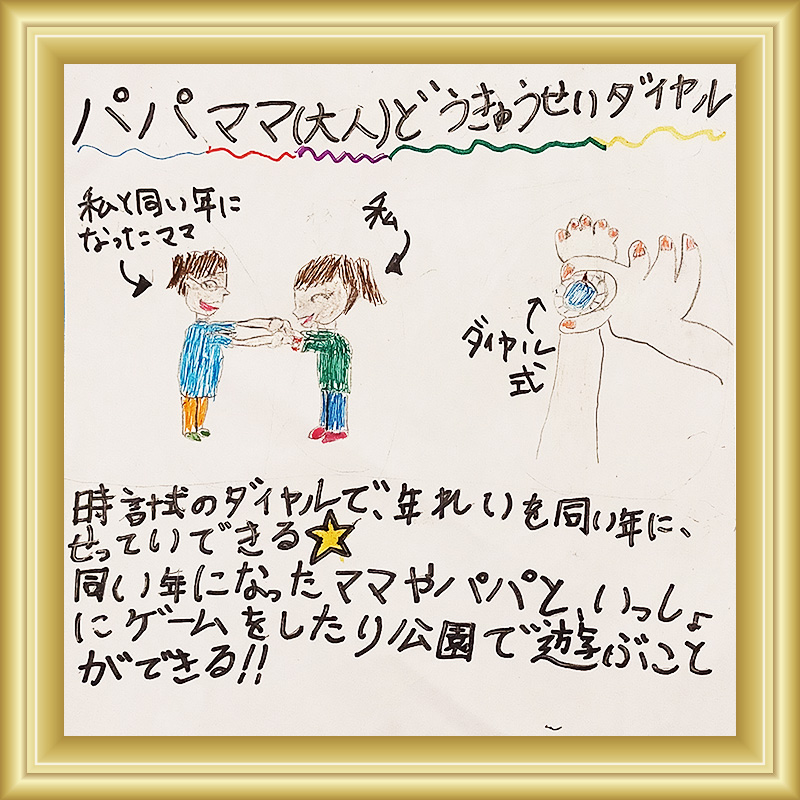 腕時計型の機械をつけてダイヤルを回すと、パパ、ママが同い年に変身！