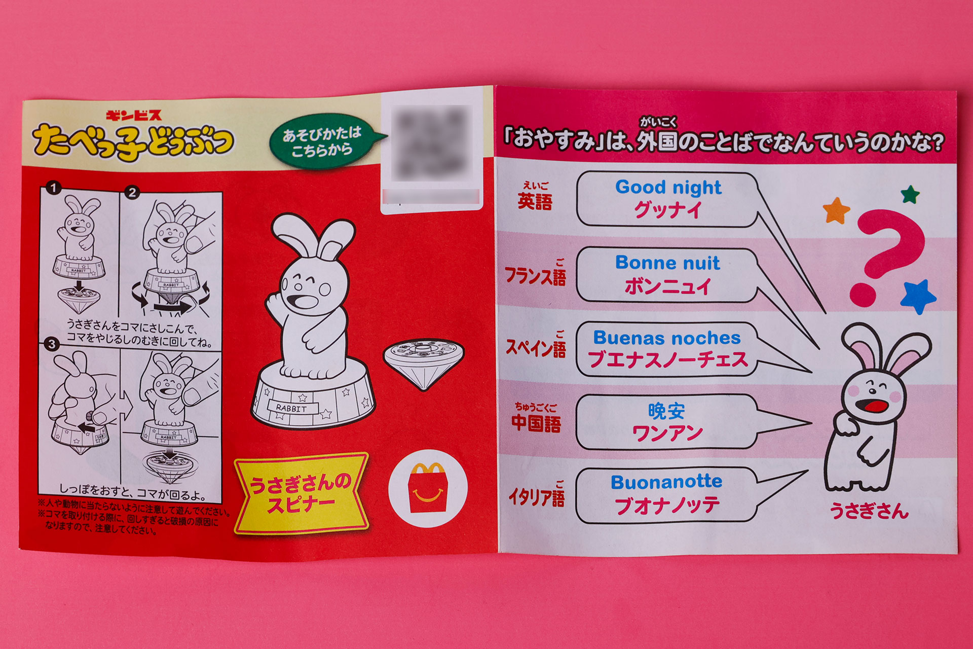 説明書には「おやすみ」を外国語で話すときの言葉が5つの言語で書かれている