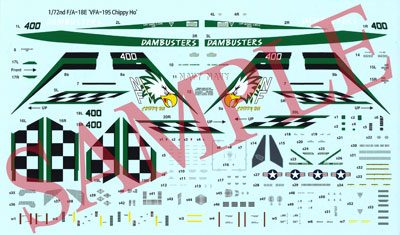 「1/72 アメリカ海軍 F/A-18Ｅ スーパーホーネット“VFA-195 チッピーホー”」付属デカール。もちろん無塗装状態からデカールによる塗分けも可能です。