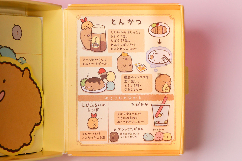 キャラクターケースの内側を開いたところ。とんかつやえびふらいのしっぽ、たぴおかたちの情報を読むことができる