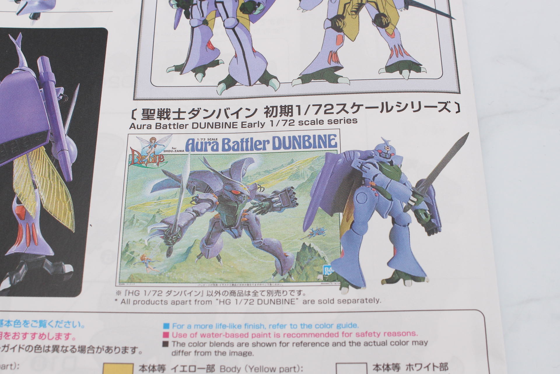 同梱の説明書には1983年発売の「1/72 ダンバイン」のパッケージとプラモデル完成品の写真があった