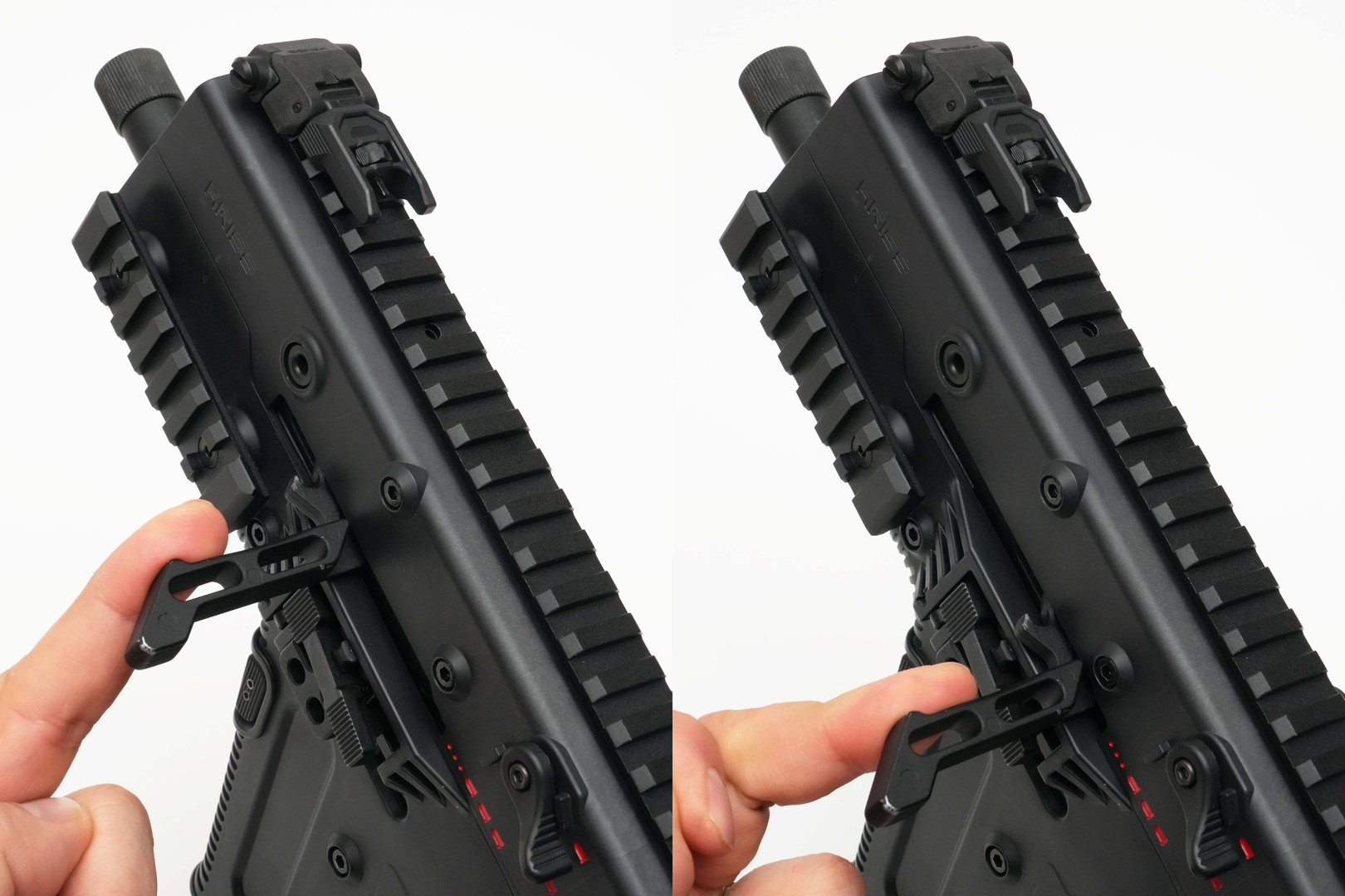 レバーを離すと、チャージングハンドルがハンドガード側面を叩く。傷を付けたくない方は保護テープなどを貼っておくか、優しく戻すことをお勧めする