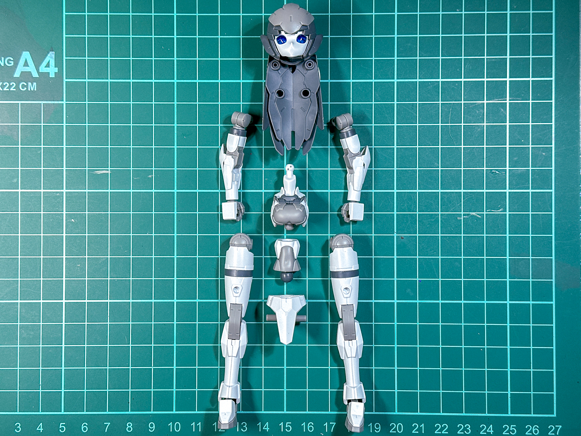 組み立て前のアチェルビー (TYPE-C)。腕部の接続はボールジョイント、脚部の接続は軸接続となっています。