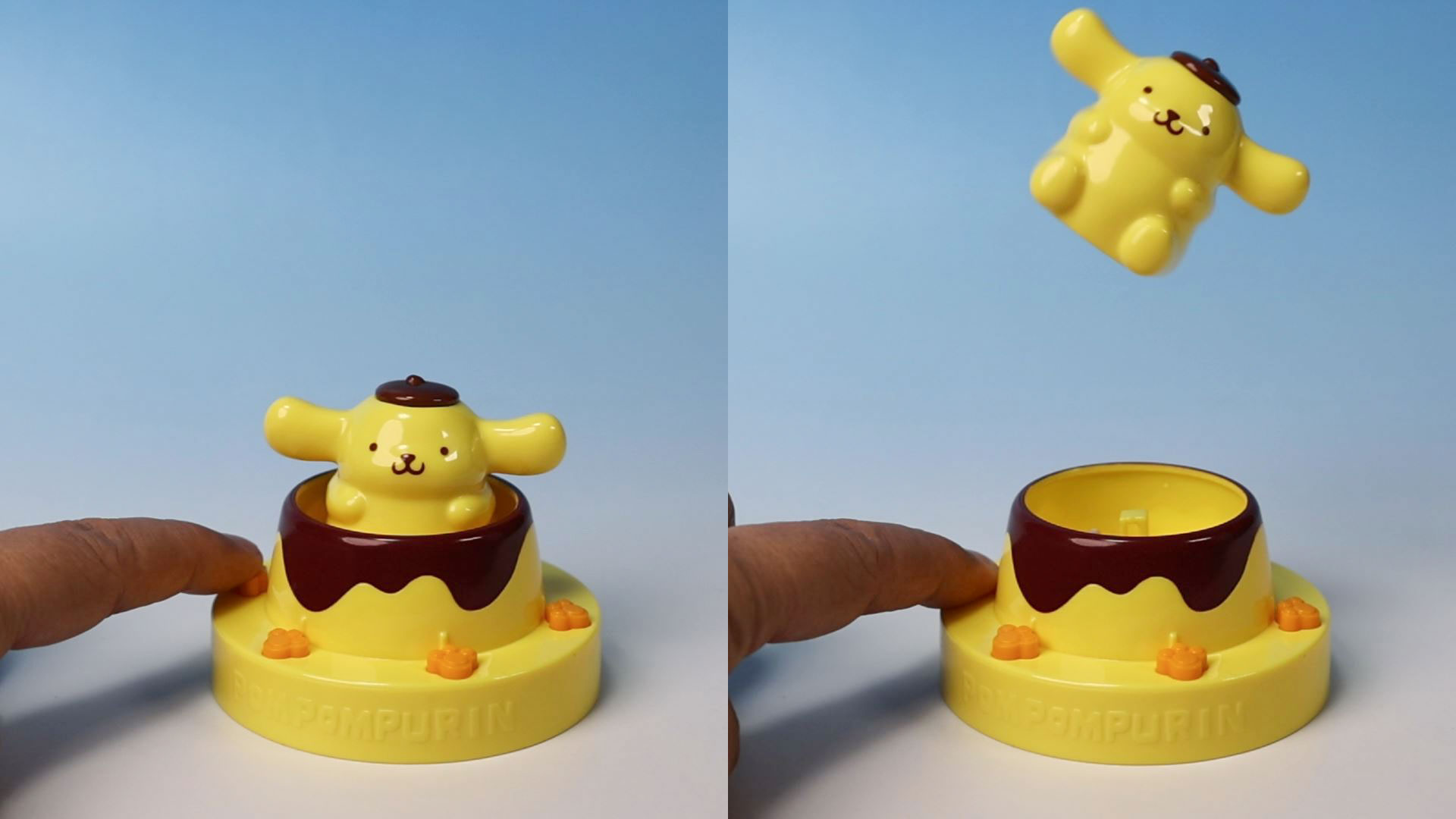 どれかのボタンを押すとポムポムプリンが勢いよく飛び出していく