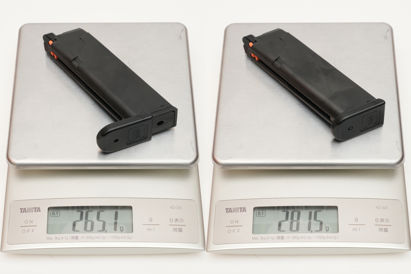 べつのマガジンの実測重量は265.1gで、ガスをフルチャージしたときの実測重量は281.5gだった。つまり、16.4gぶんのガスをチャージできたことになる