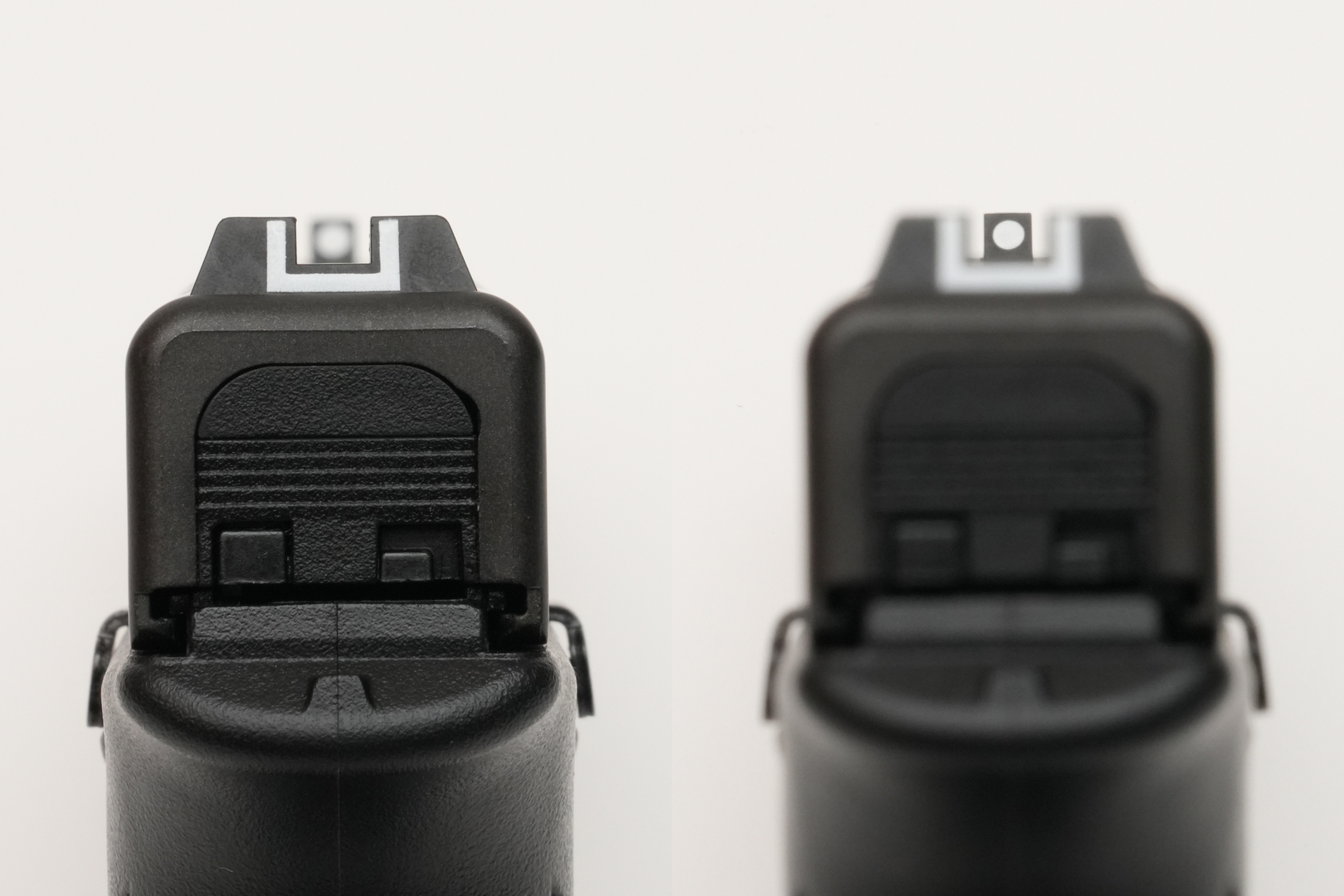 「G17 Gen5 MOS」のサイトピクチャー。リアサイトの切り欠きがGen4よりも大きくなっており、フロントサイトを捉えやすくなっている