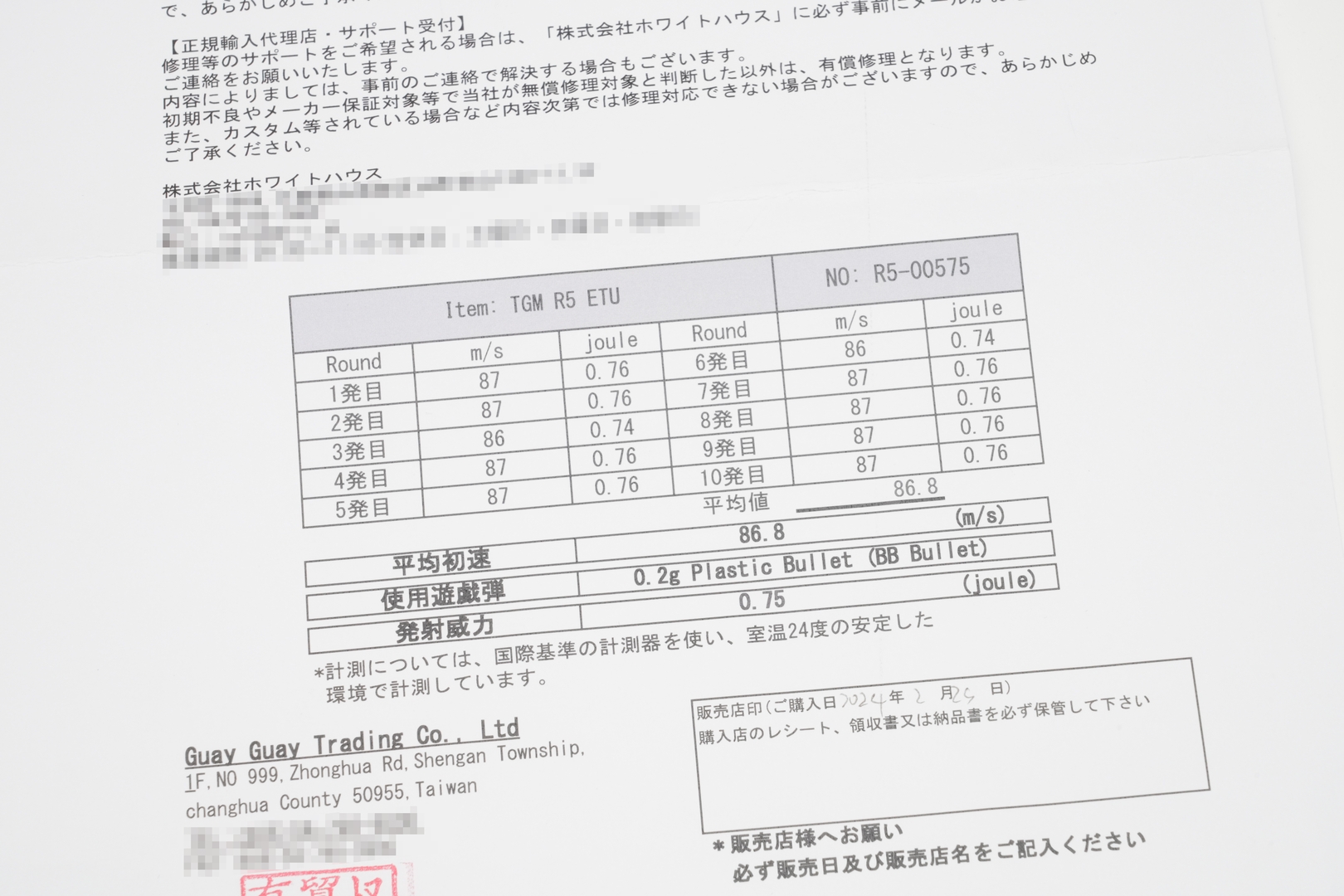 弾速証明書に記載された平均初速は86.8m/s（0.20g弾使用時）