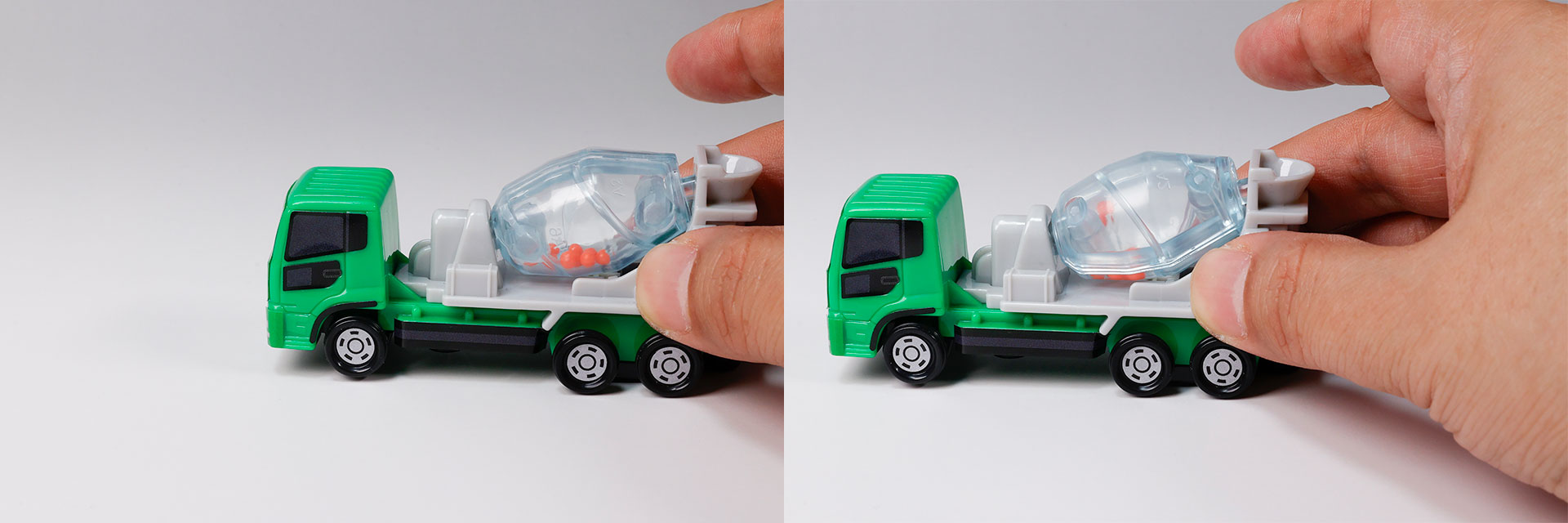 車を動かすと、ミキサードラムの中に貼っているビーズが動くのがわかる