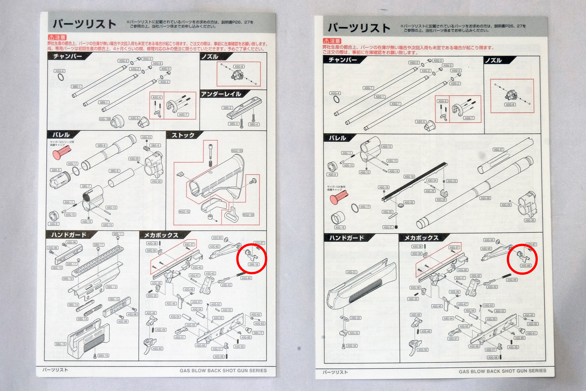 「サイガ－12K」（右）と「サイガ-12 SBS」（左）の機関部の大きな違いは赤丸内のセレクター