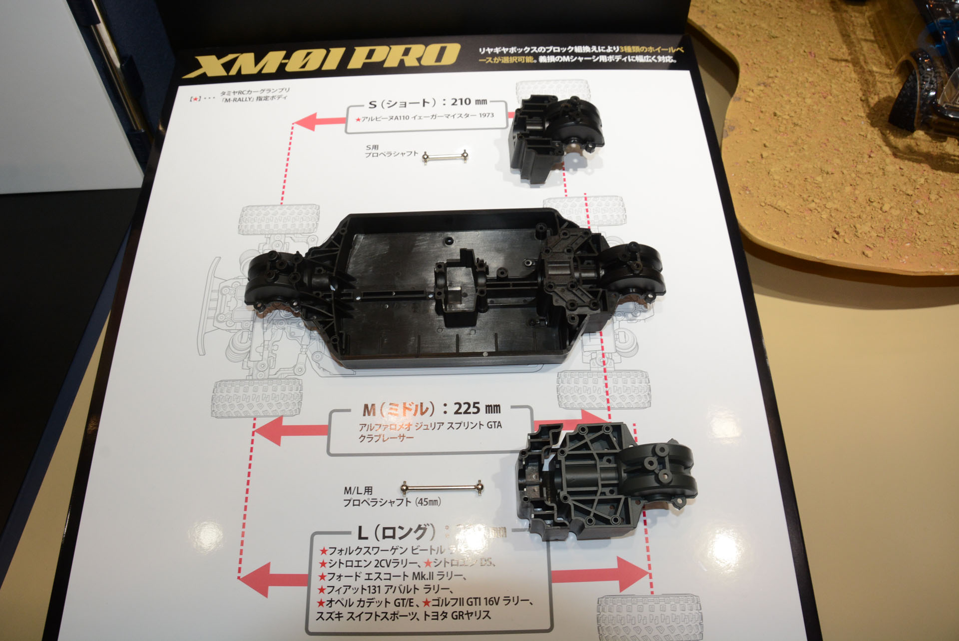 大きな特徴は後部のギアブロックを動かすことでホイールベースを伸張できること。この機構により様々なボディに対応できる