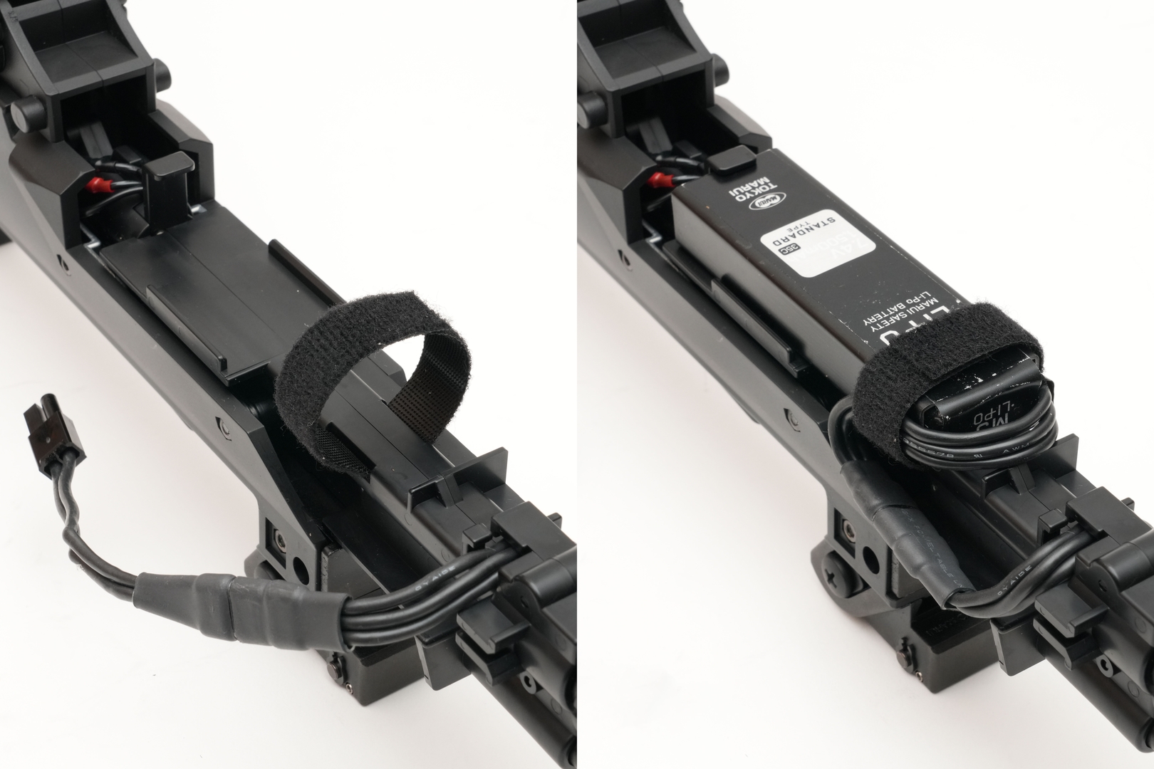 「MS•Li-Poバッテリー」・「8.4Vニッケル水素1300mAhミニSバッテリー」共にマジックテープにコードの根元を巻き込んで収納することでガタつきを抑えられる