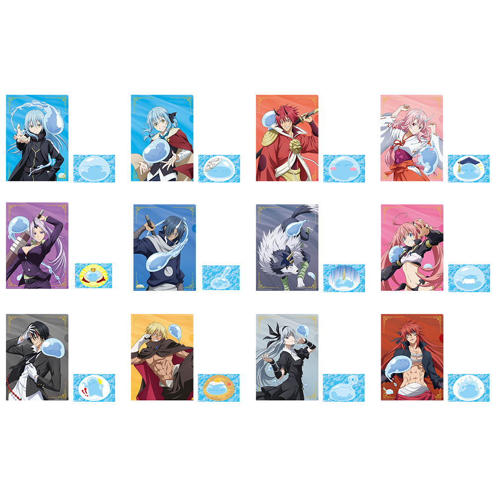 オリジナルイラストをふんだんに使用したクリアファイルとスライム姿のリムルが描かれたステッカーが1枚づつセットになっている