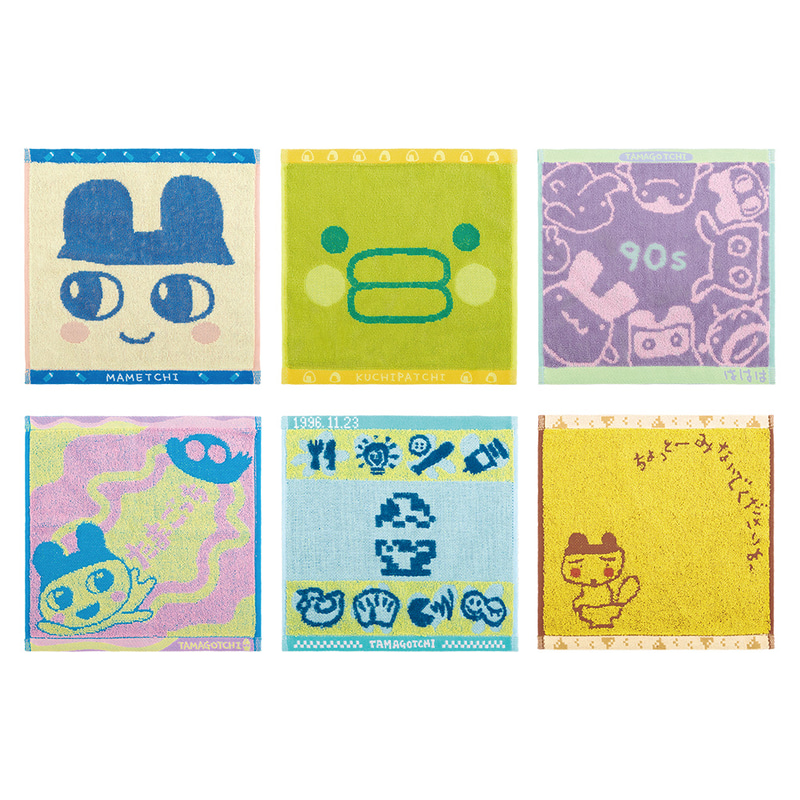 ドアップなまめっち、くちぱっち柄、90年代のキャラクターデザイン、一番くじオリジナルアート柄、初代たまごっちの画面柄、まめっちのトイレシーンなどユニークな6種類から選べる