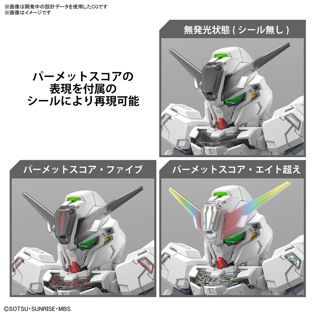 本キットでは、パーメットスコアによる胸部シェルユニットを含む機体各所の発光状態を3パターンで再現できます。今回はパーメットスコア・エイト超えを選びました