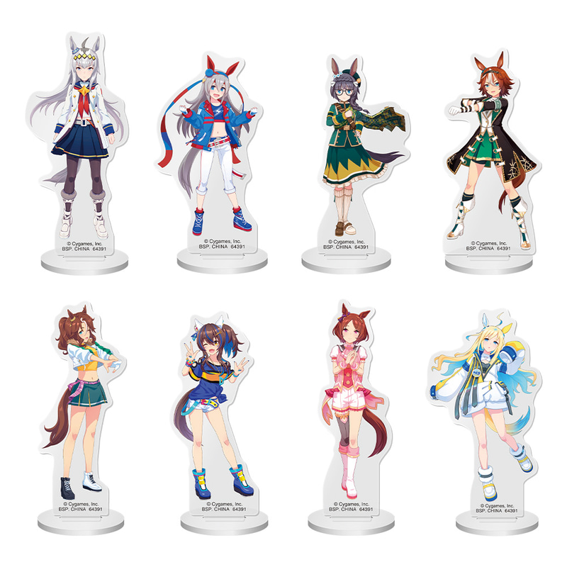 勝負服に身を包んだ8名のウマ娘のアクリルスタンド。好きなキャラクターを選べる。サイズは約9～10cm
