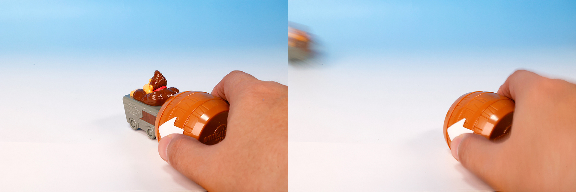 樽のボタンを押すと、勢いよく飛び出していく