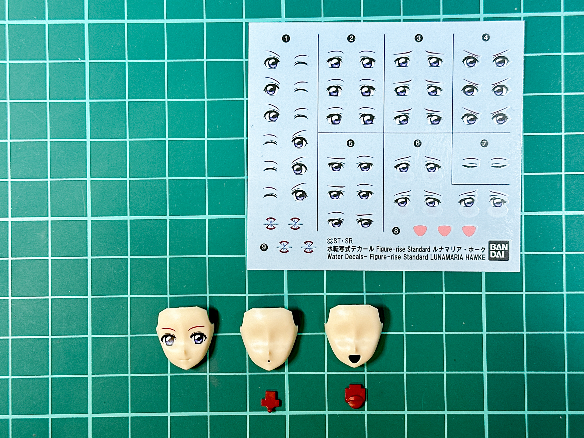 フェイスパーツとデカール。1種類はタンポ印刷済み、2種類は水転写式デカールにて表情をつけるタイプとなっています。
