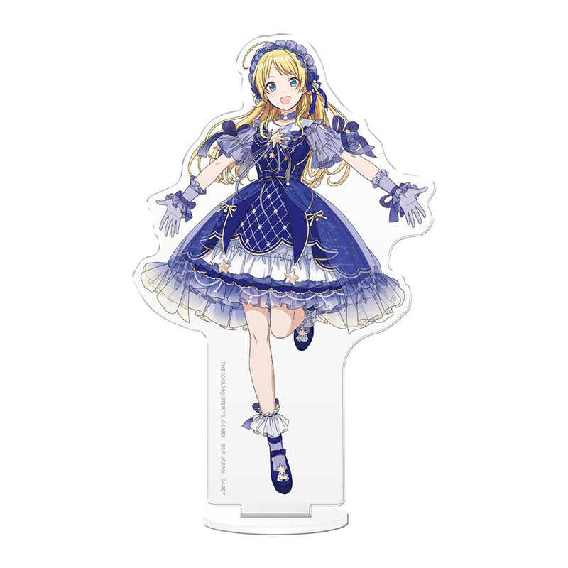 星空をモチーフにした「トゥインクルロリータファッション」を身に着けた八宮めぐるの全身イラストを使用したアクリルスタンド。サイズ：約13cm
