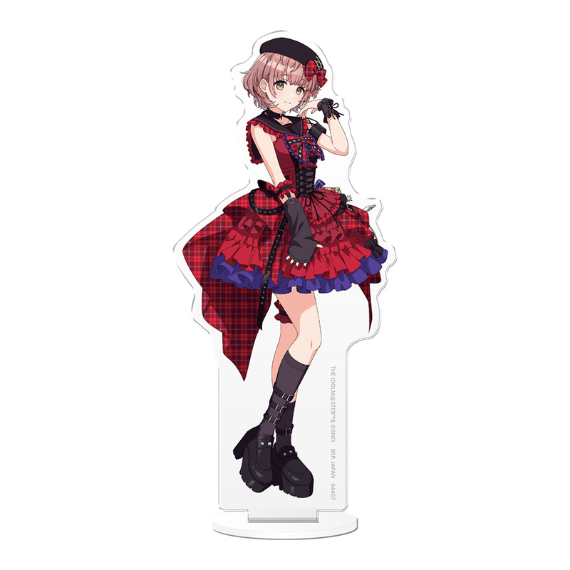 タータンチェックが印象的な「パンキッシュロリータファッション」を身に着けた郁田はるきの全身イラストを使用したアクリルスタンド。サイズ：約13cm