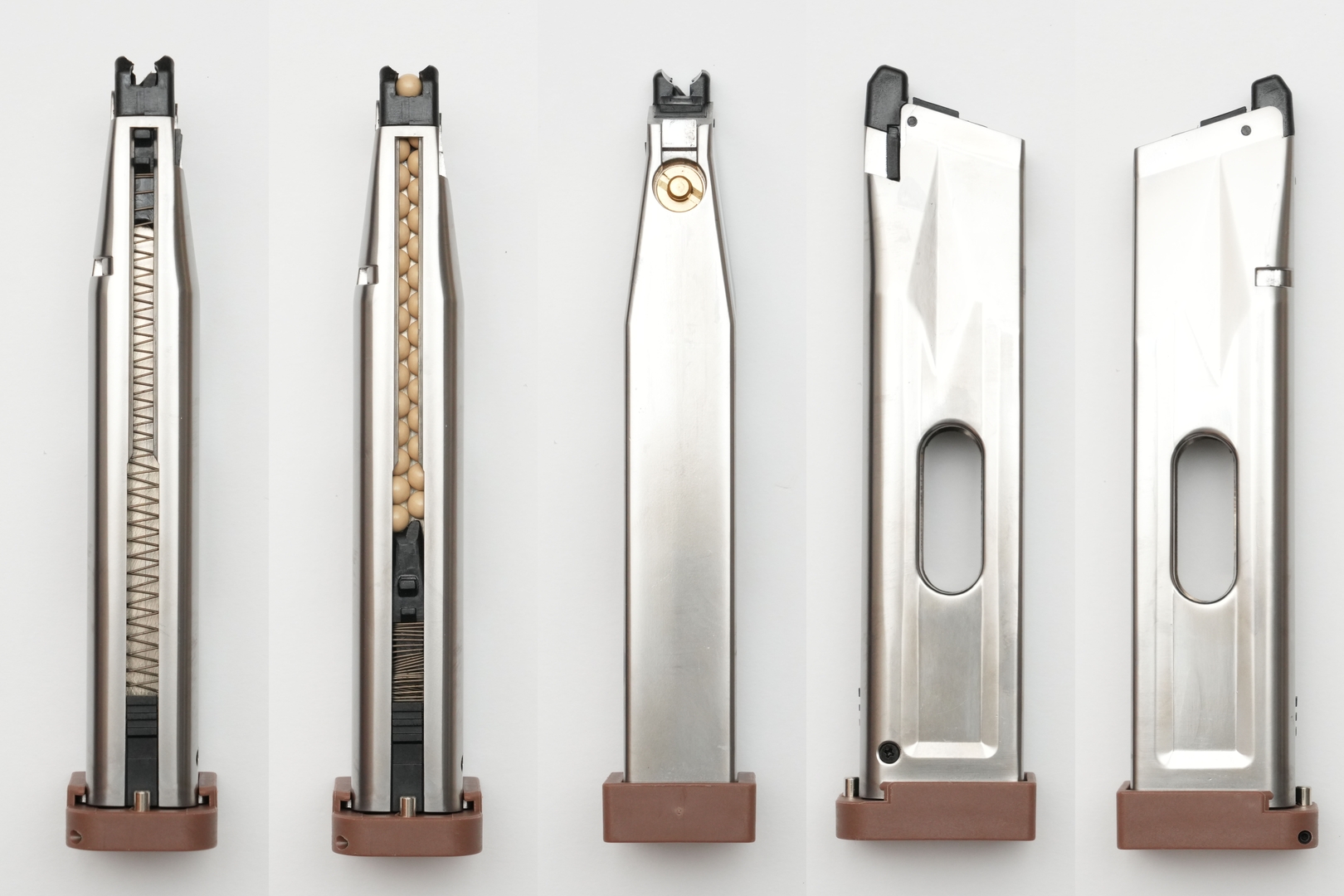 BB弾は前面から、CO2ガスカートリッジは下面から装填する。6mm BB弾の装填数は31発