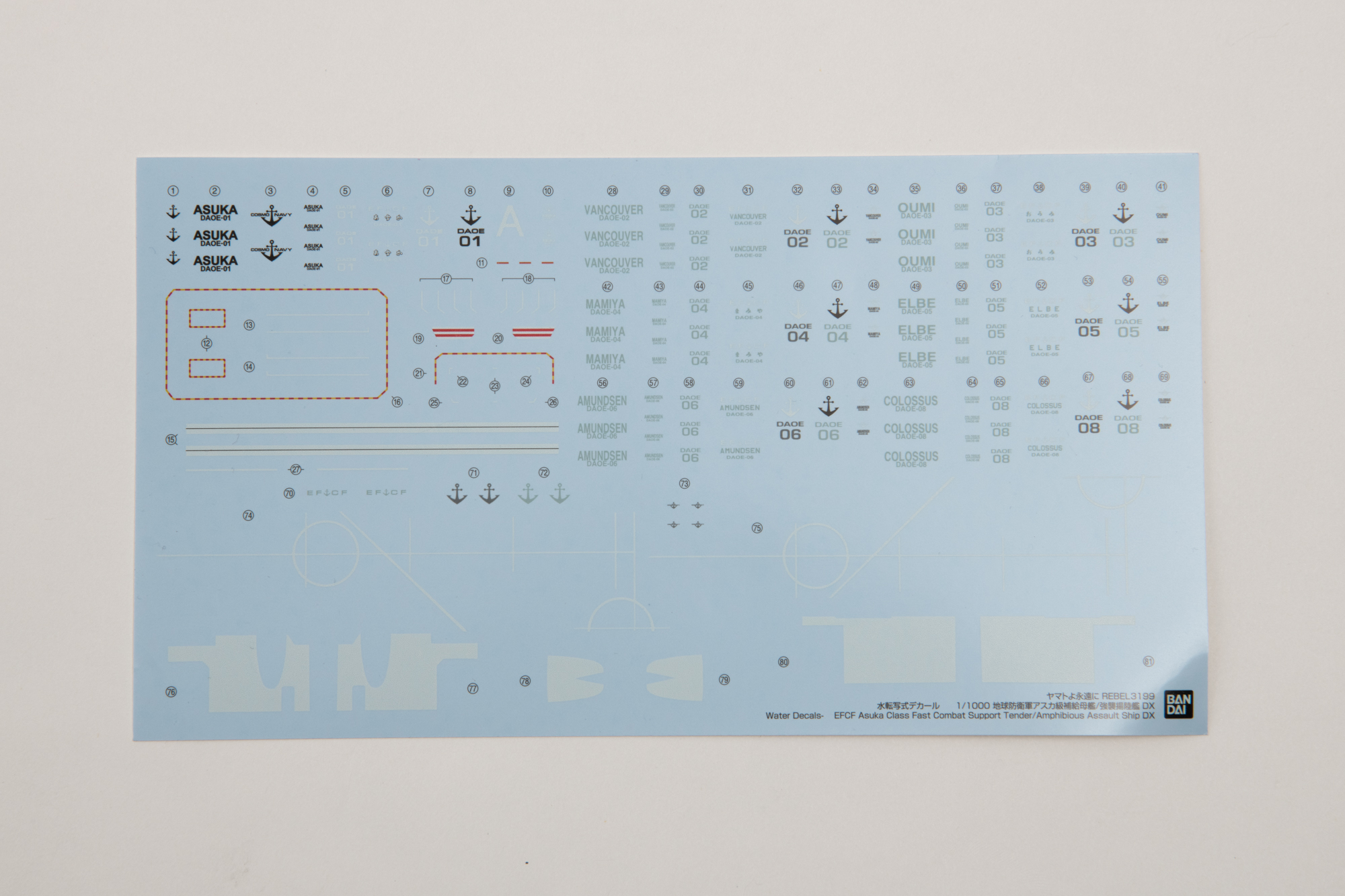 水転写式デカール。1～8番艦の再現用に量はあるが、実際に使用する部分はさほど多くない。