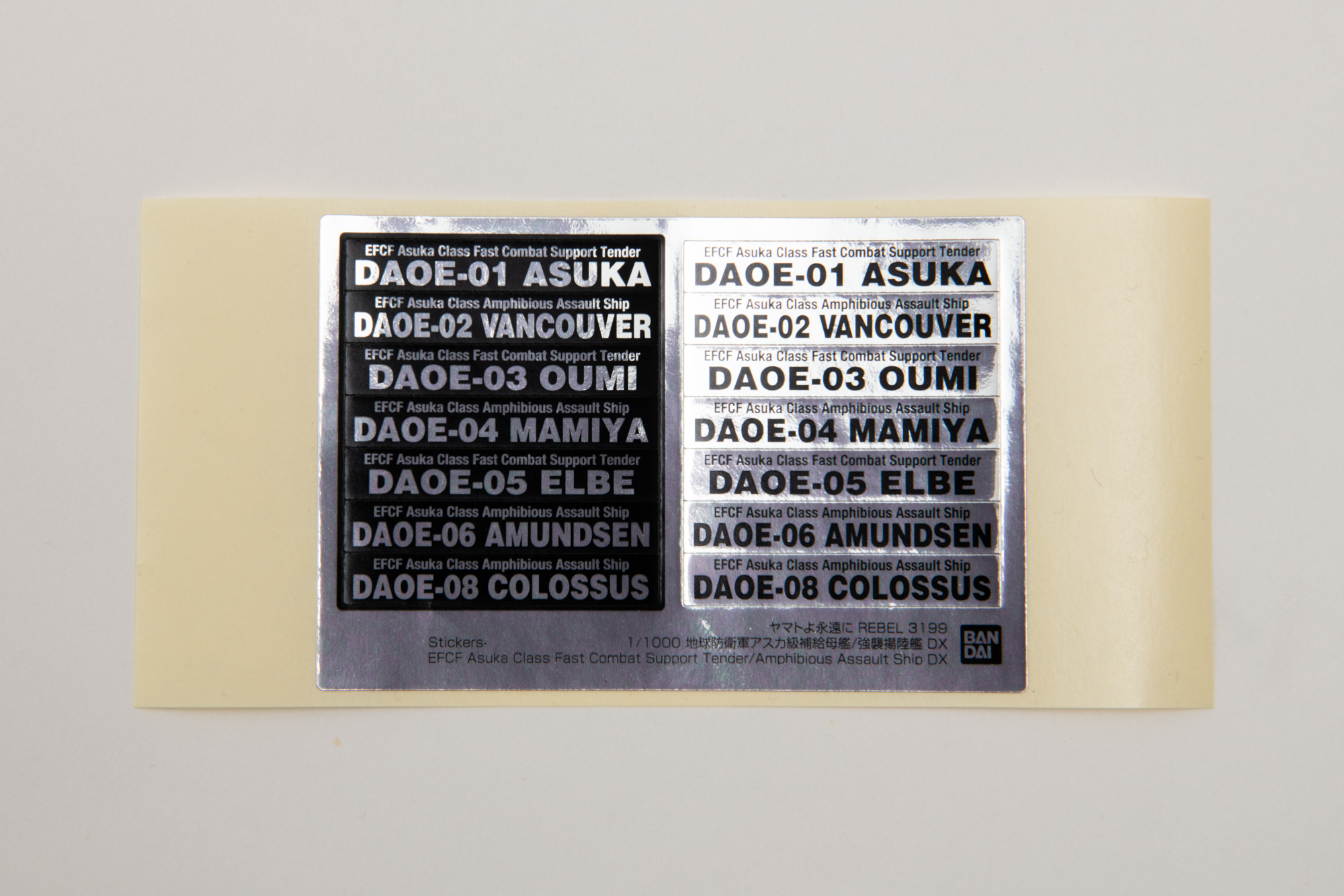 各艦名称が入った台座用のシール。白黒両方あり飾る場所に合わせて決められる。