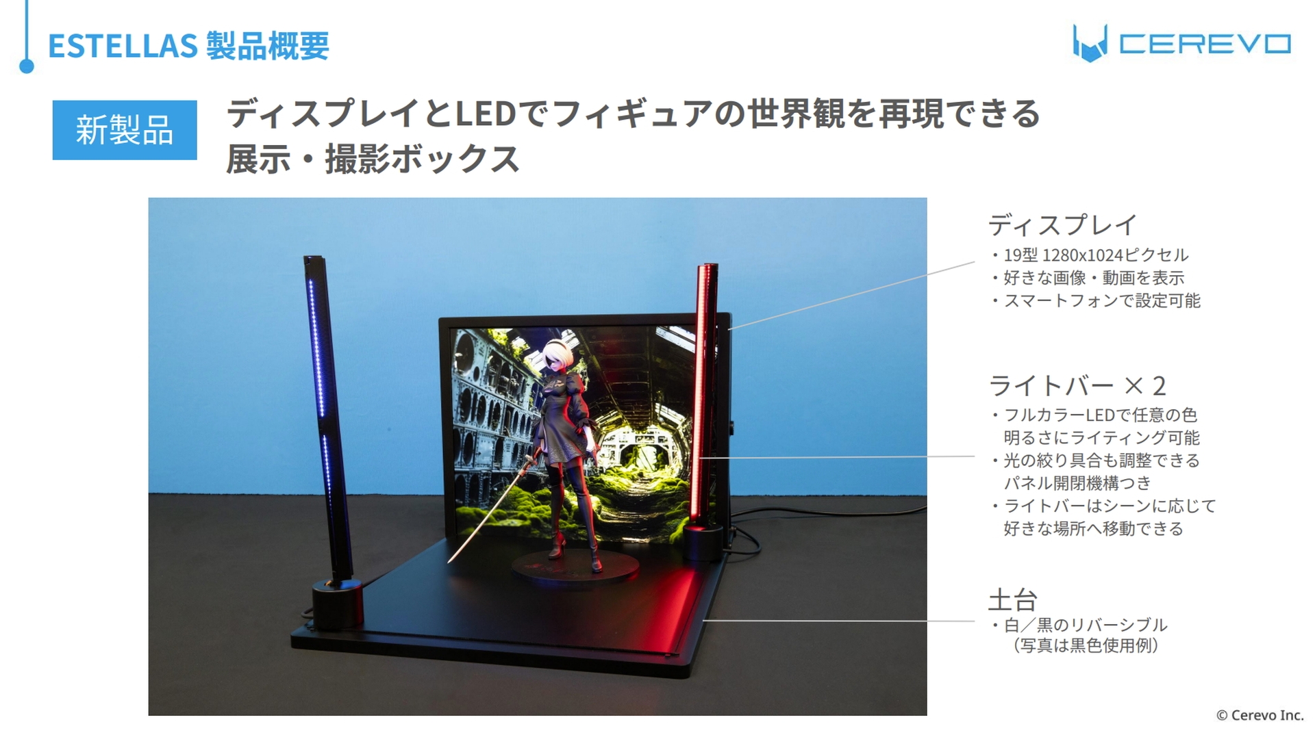 ESTELLASの構成は、土台と背面部の19型ディスプレイ、有線接続で自在に配置可能な2本のライトバーで構成されている