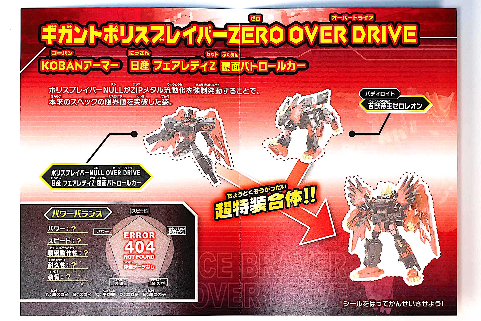 「ギガントポリスブレイバー ZERO OVER DRIVE KOBANアーマー 日産 フェアレディZ 覆面パトロールカー」に同梱されている特装合体シールブックを開いたところ