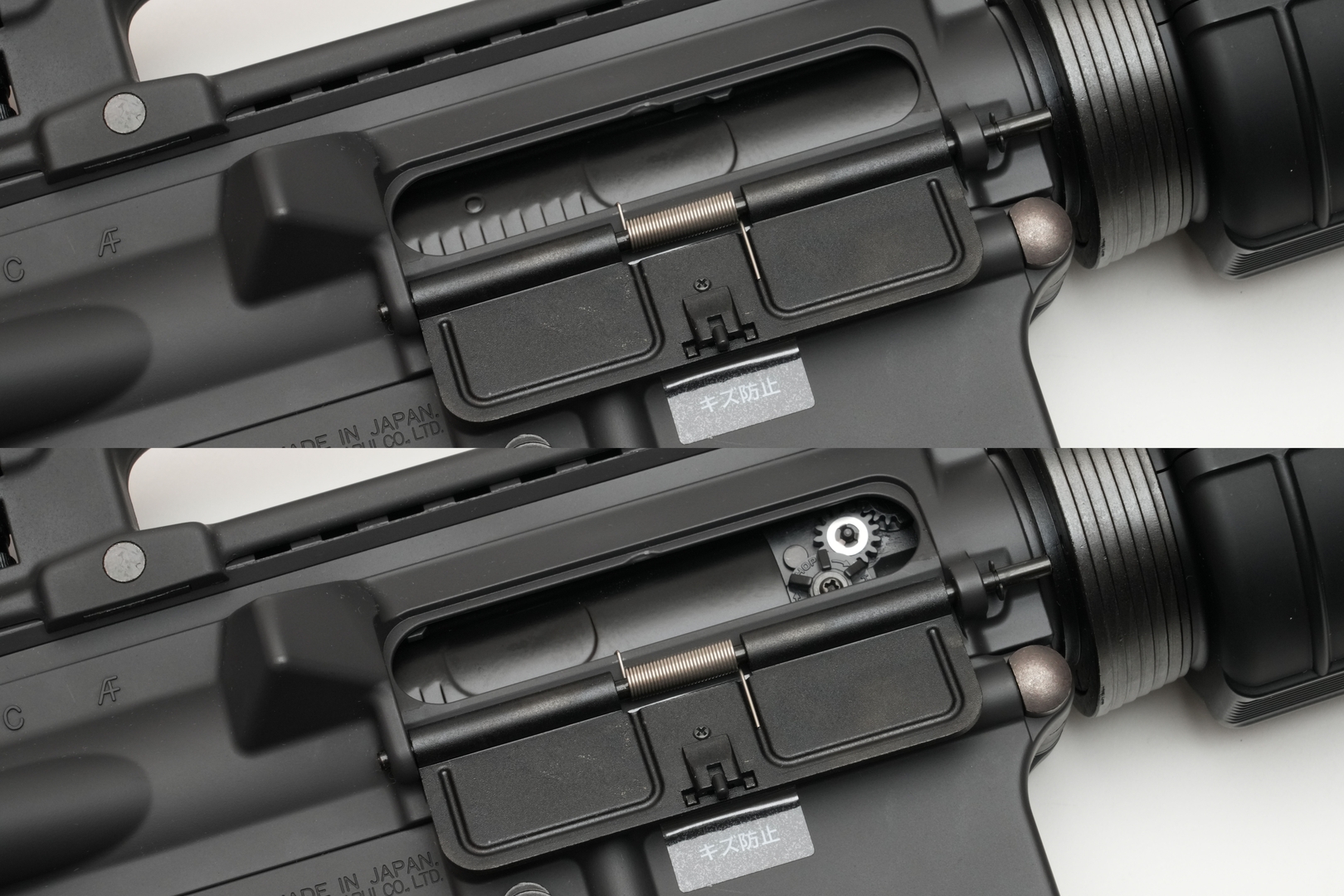 チャージングハンドルを引くとホップアップ調整ダイヤルが現われる