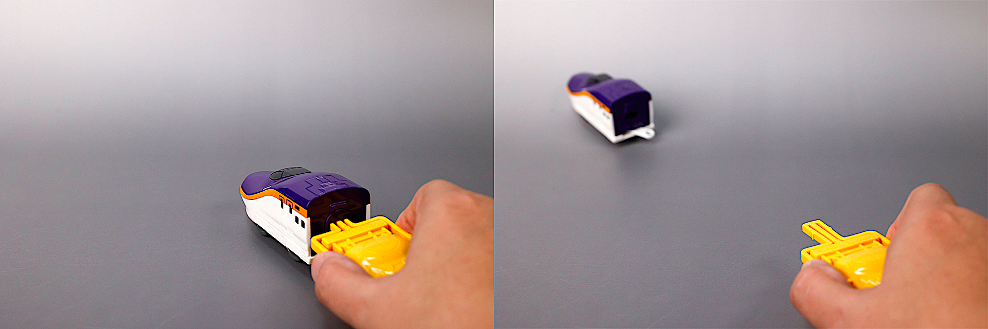 鍵パーツを取付けて指でつまむと、車両が前面に走り出す！