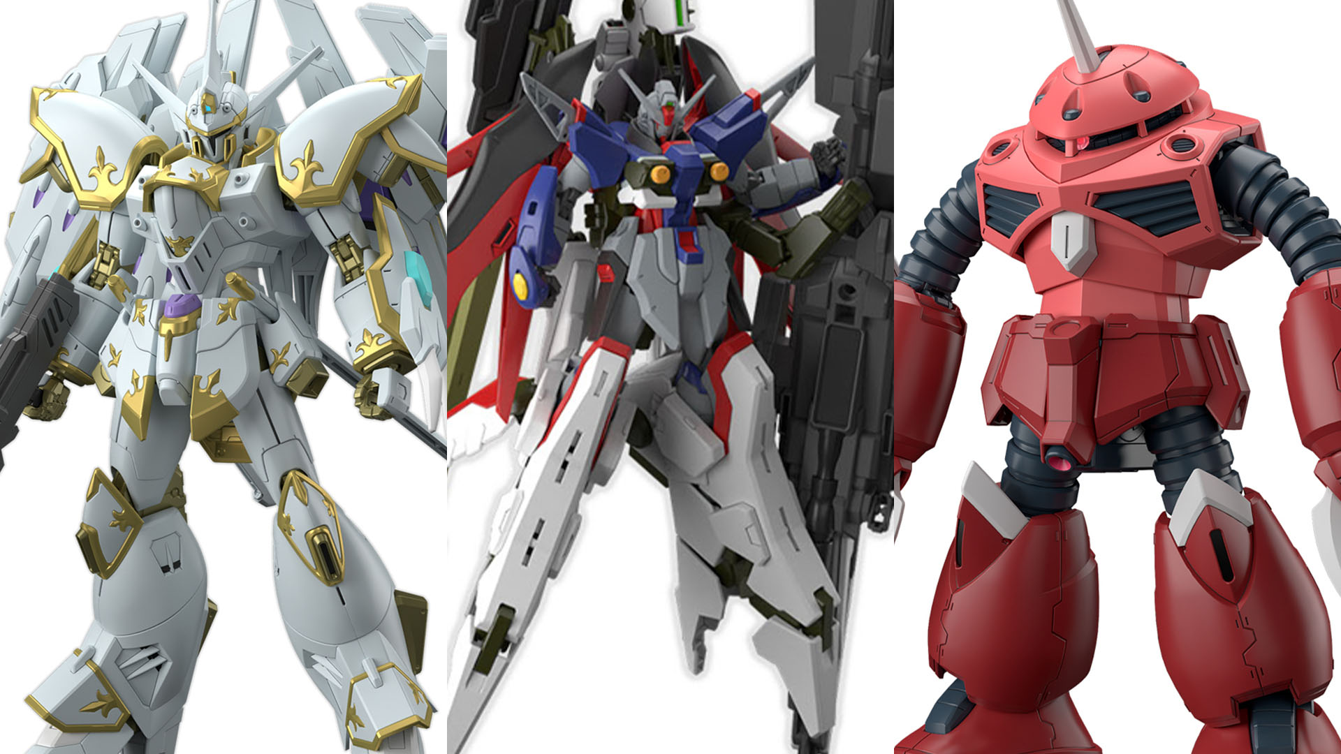 左「HG 1/144 ブラックナイトスコードカルラ」、中央「HG 1/144 デスティニーガンダムSpecII&ゼウスシルエット」、右「HG 1/144 ズゴック(SEED FREEDOM Ver.)」