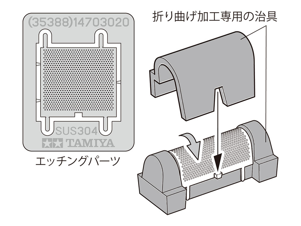 折り曲げ加工が必要なマフラーカバーのエッチングパーツには専用の治具を用意。