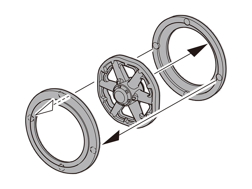 転輪内側の形状を実車同様に再現するため3分割された転輪部品。