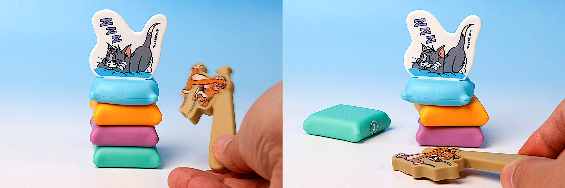 ジェリーが描かれたハンマーでクッションを叩いて弾き飛ばそう