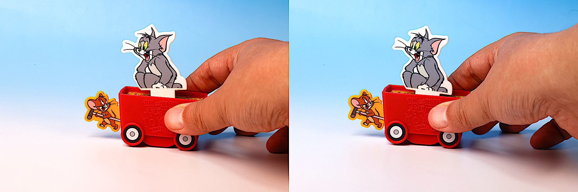 カートを手で押すとトムが上下に動く！