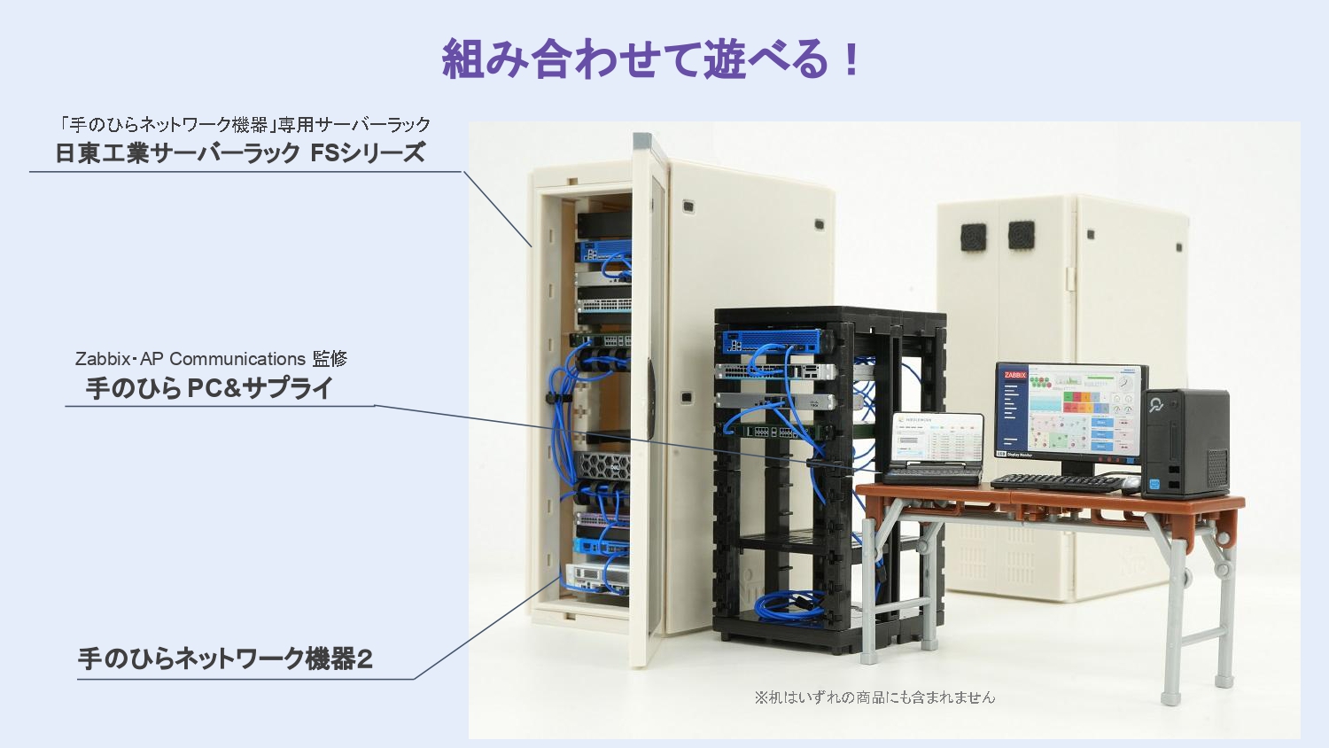 このように組み合わせて遊べる（机はこれらの製品には含まれていない）