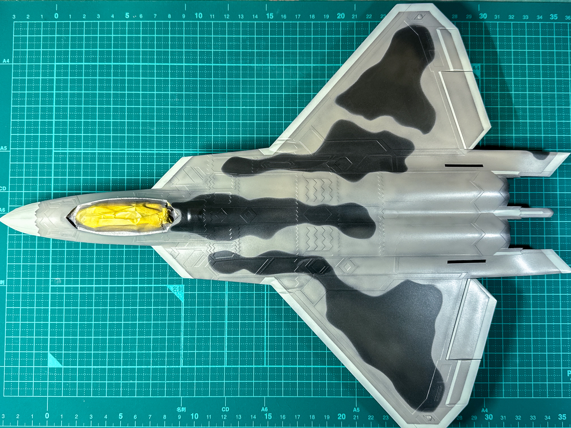 ノーズコーンおよび主翼外周の塗装が完了した本体。はっきりとした塗り分けができました。