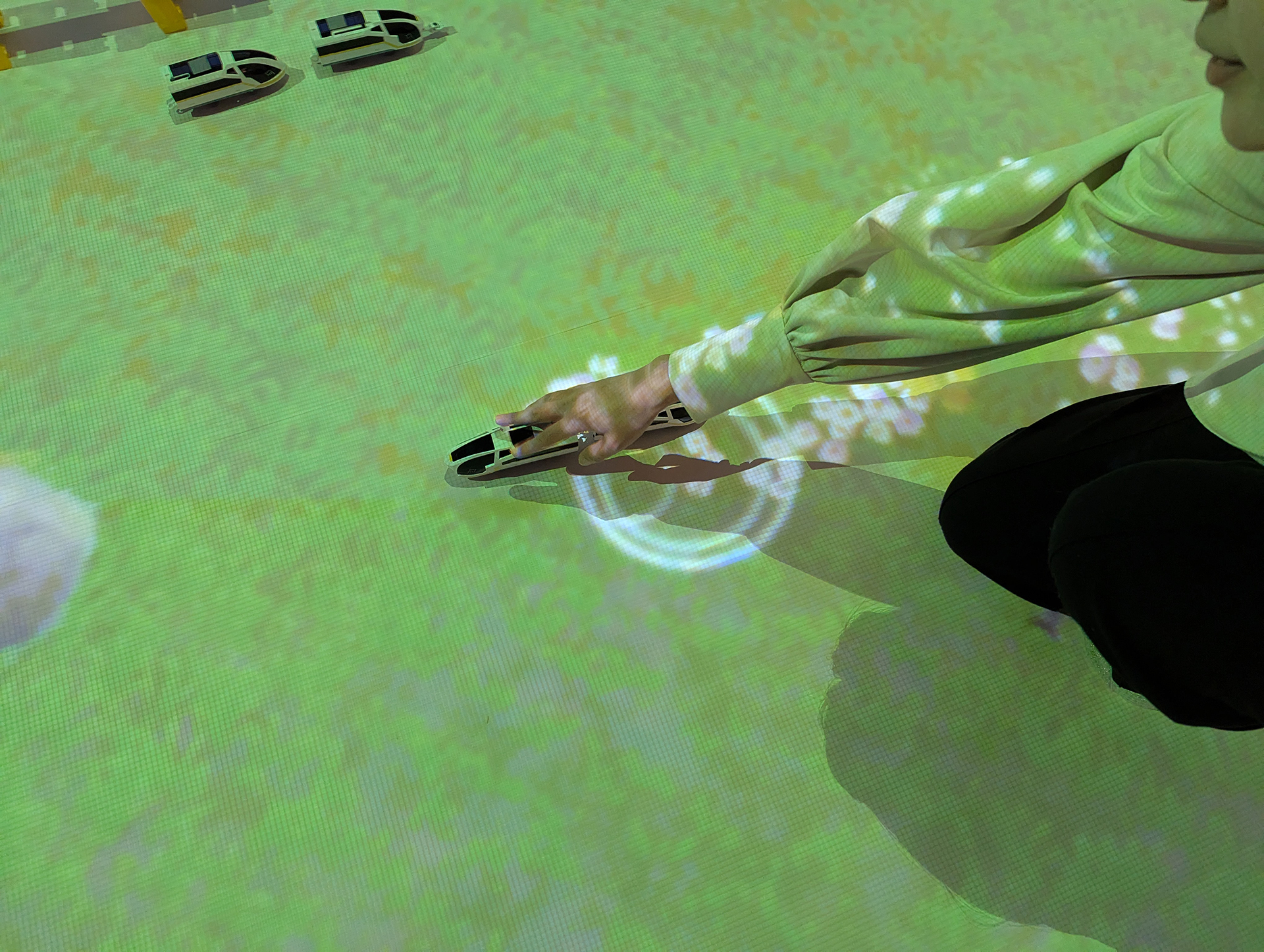 草原に車両を走らせると車両の後を追随する形で花が咲く演出が施される。車両上部にトラッカーが装着されており、天井にあるセンサーでそれを検知し、背景に合わせた演出を投射する仕掛けとなっている