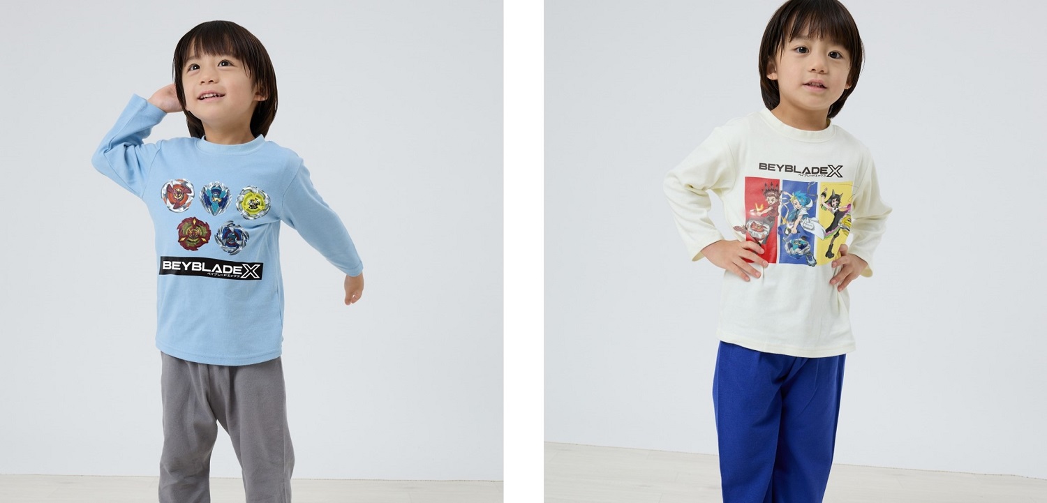 左）ベイブレードエックス 長袖パジャマセット コマプリント右）ベイブレードエックス 長袖パジャマセット キャラプリント