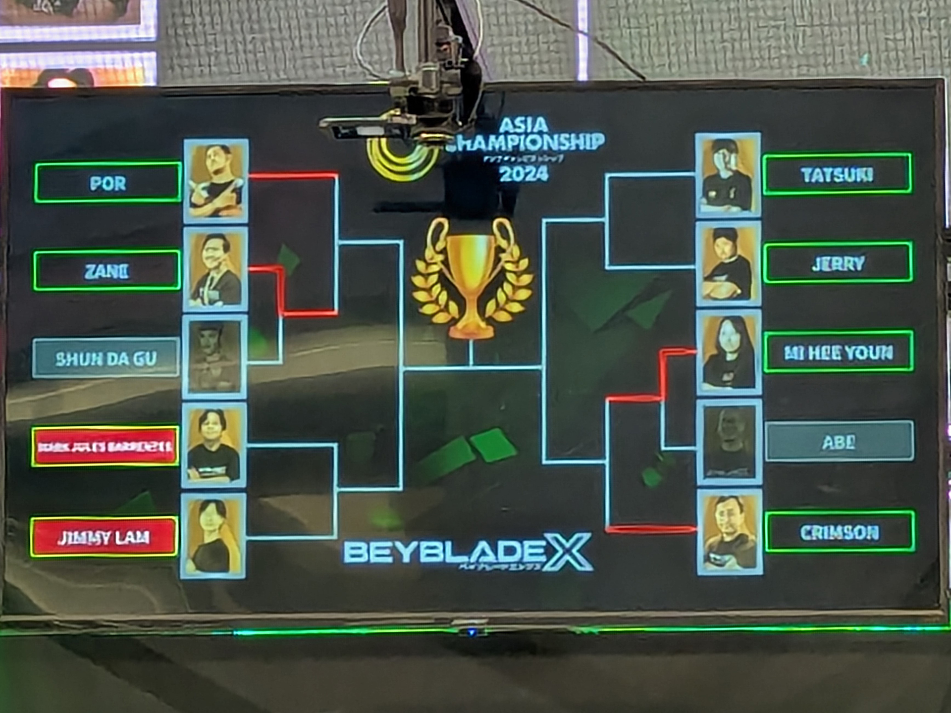 オープンクラスのトーナメント表も配置はレギュラークラスと同じ。東京代表TATSUKIはシードのため、2回戦からの参戦となる