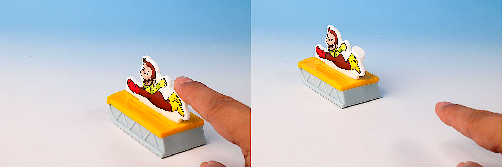 ジョージの足元を指で押して、ソリを動かそう